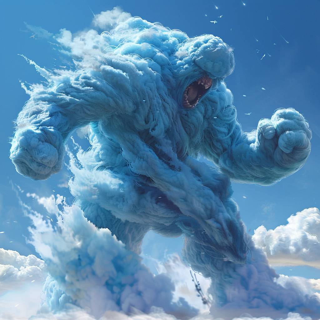 巨大なフワフワの青い綿菓子でできた人型の怪物が地面を踏みつけ、空に向かって咆哮している。背景には澄んだ蒼い空が広がっています。