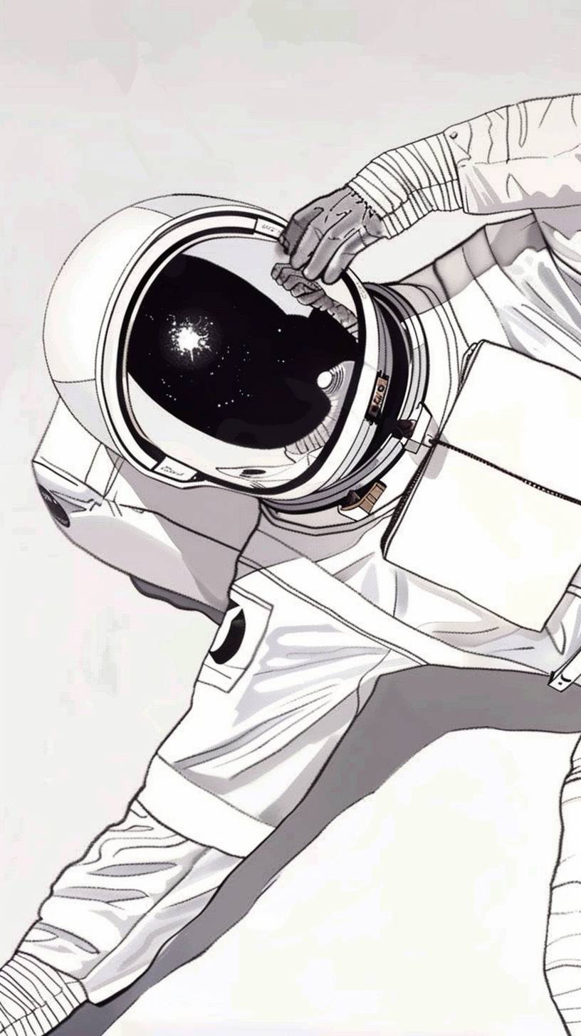 Aerial view of astronaut's reflecting helmet, laying on the floor looking at ceiling, arm reaching for ceiling