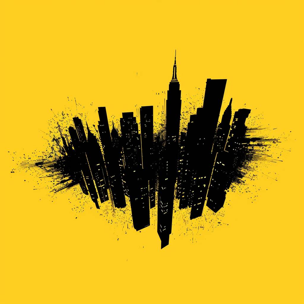 Create a minimalist image using a yellow background with black colors to depict an iconic scene from the movie 'Inception'. The scene shows a cityscape bending over itself, represented by black silhouettes of skyscrapers curving towards each other on a yellow background, capturing the surreal, dream-like quality of the film.