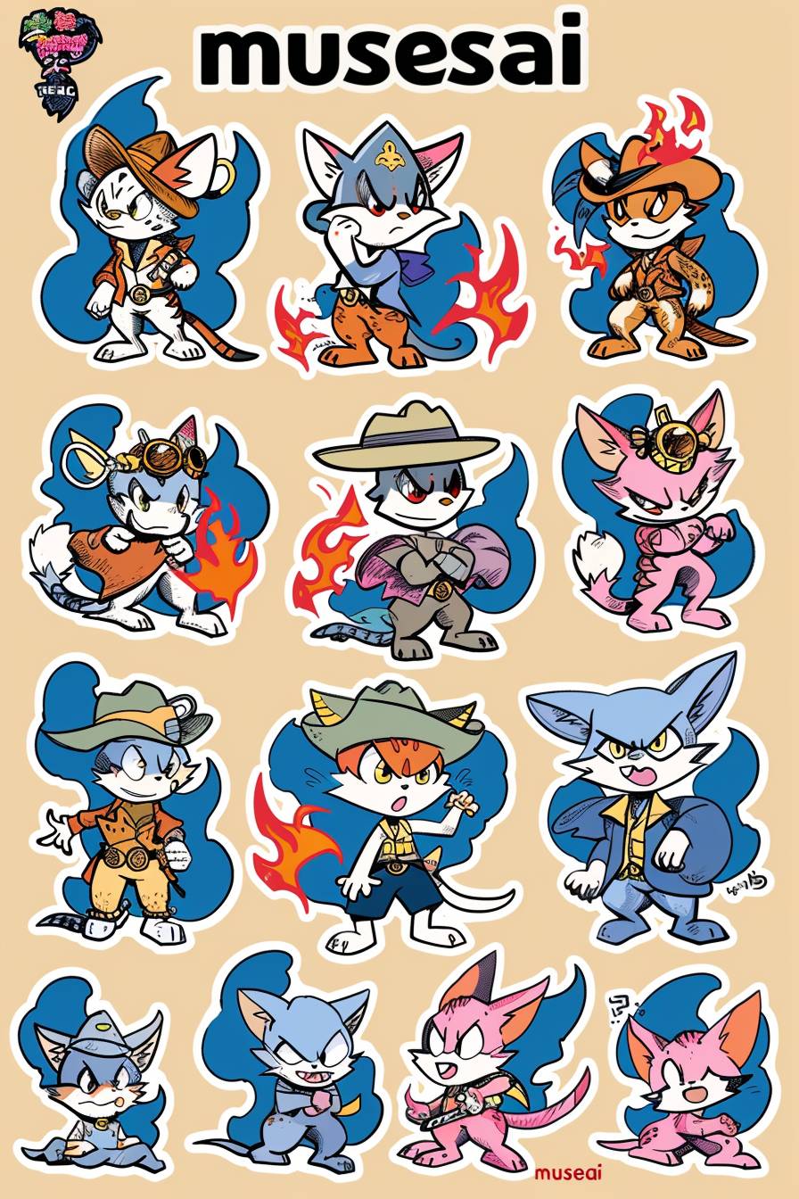 Sticker sheet of various cartoon characters with the text 'musesai'. The first character is an anthropomorphic cat, the second one has red flames on his head and wears a cowboy outfit, the third ones have blue smoke around them wearing white gloves, the fourth characters wear pink armor in front of their chest. Sticker design in the style of Peter Bagge --ar 2:3  --v 6.0
