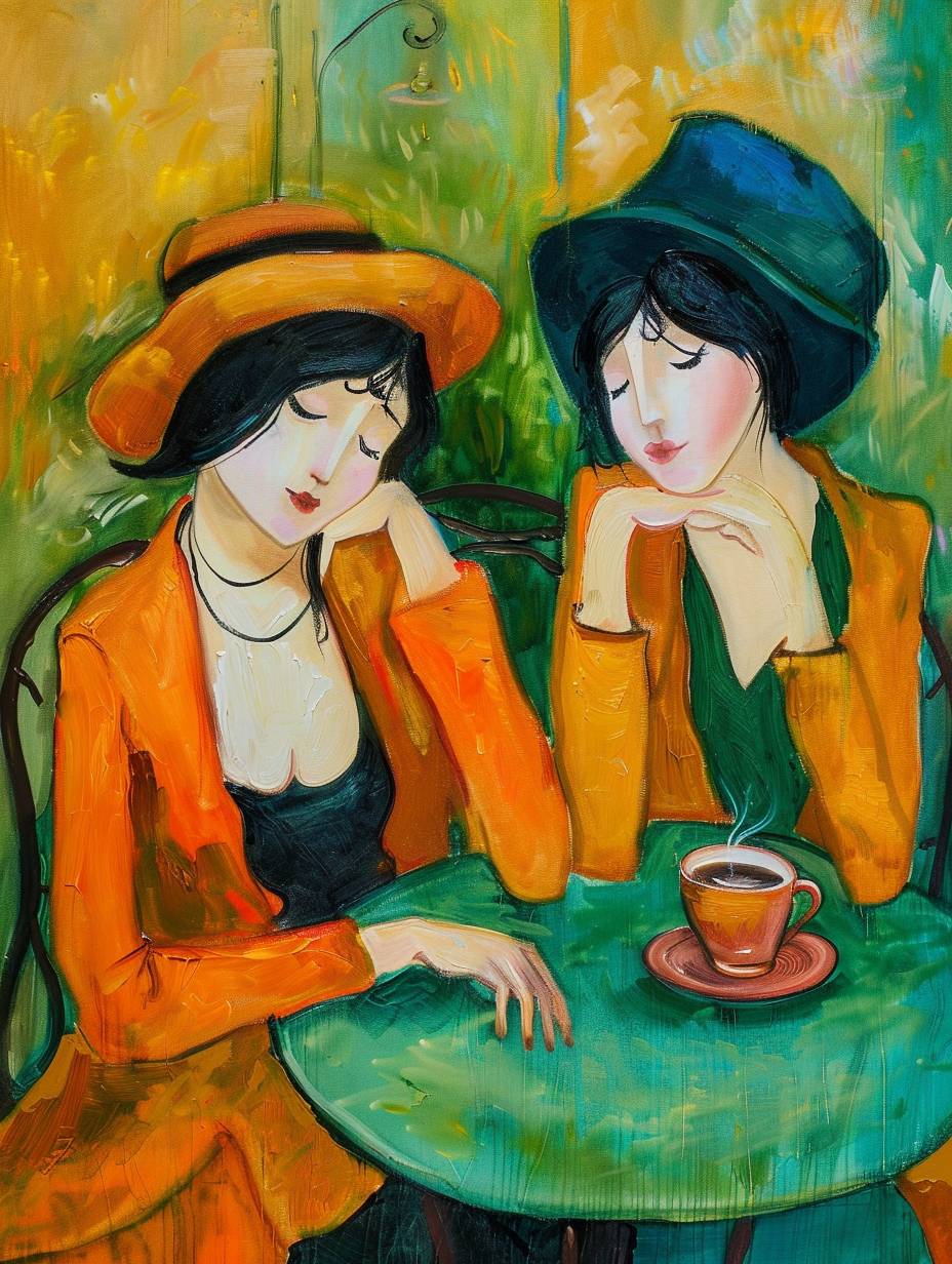 Make a realistic painting of two best friend women, one of whom is Irish, sitting at a table outside a coffee shop in Italy, in the style of Amedeo Modigliani, green and orange, yellow.