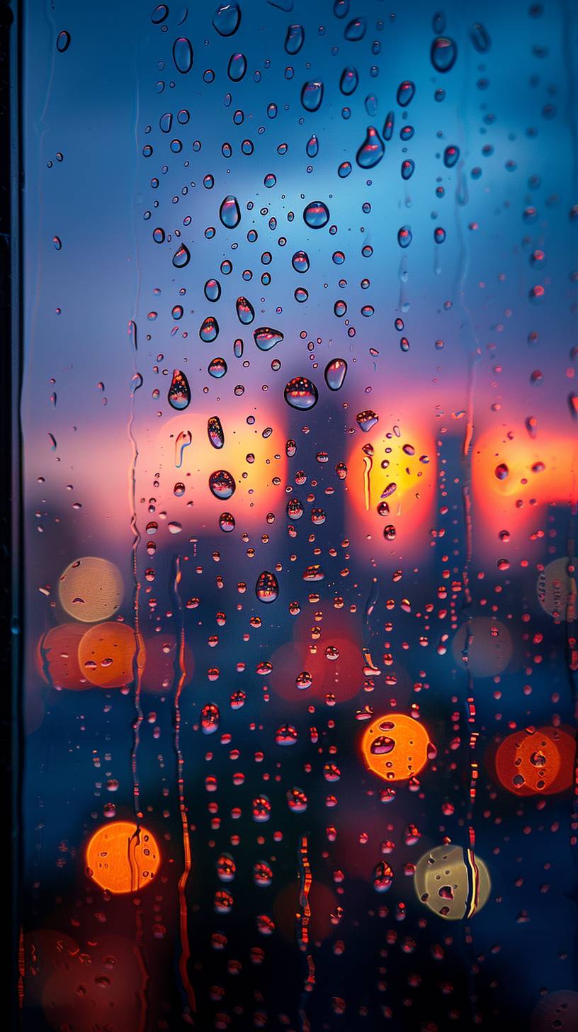 Raindrops on the glass, blurry background of night sky, mobile phone wallpaper, high definition photography, macro shot, high resolution, high detail