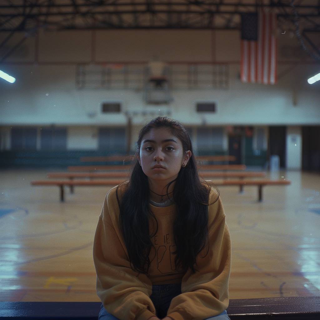 Zoom in shot to the face of a young woman sitting on a bench in the middle of an empty school gym.