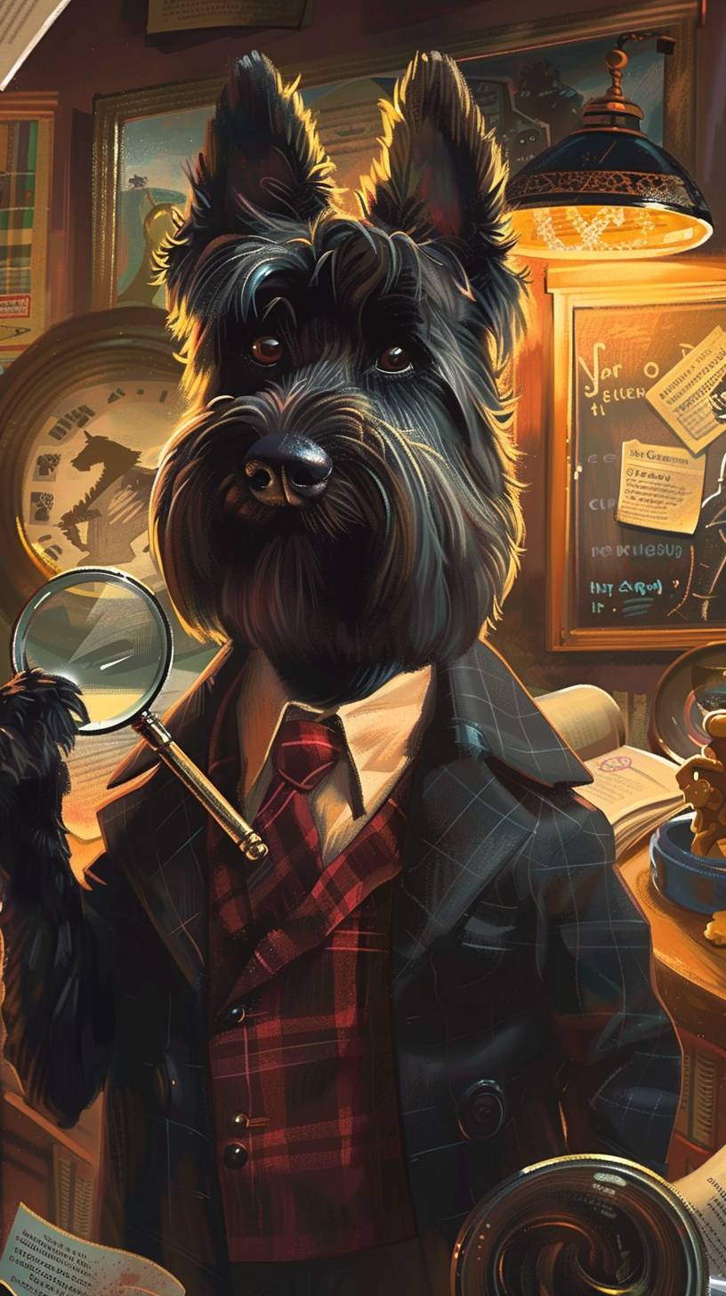 A black Scottie dog dressed as a detective, with a magnifying glass, investigating a case of missing dog treats. The background is a stylized, mystery-themed room with clues scattered around.