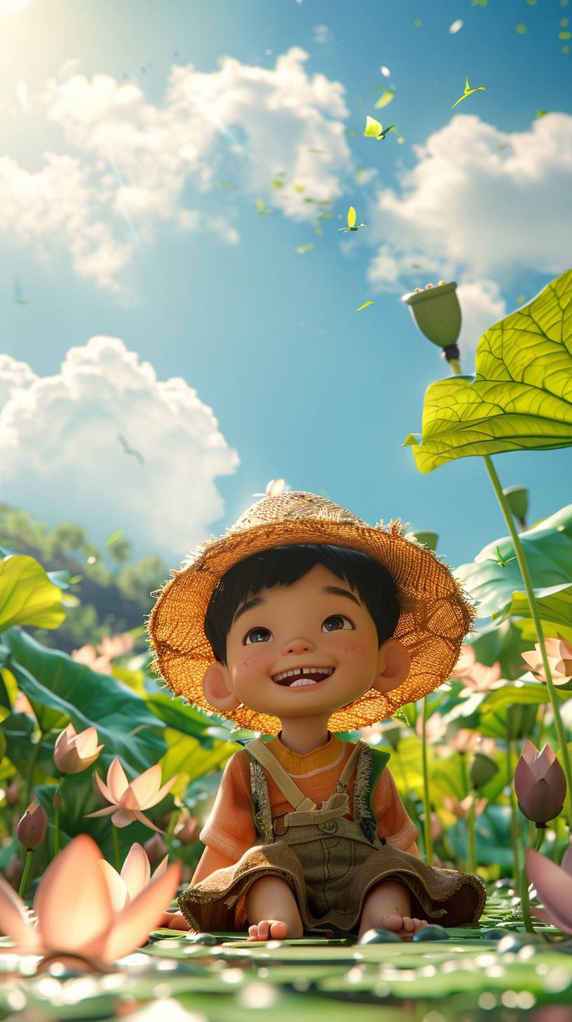 A cartoon little boy with a big head and small body, wearing short clothes and shorts, surrounded by many lotus leaves, playing happily in the summer during summer vacation. The scene includes sunshine, clear sky, bright atmosphere, Disney style, C4D rendering, hyper quality, high resolution, 8K super wide angle, full body shot, and bottom view