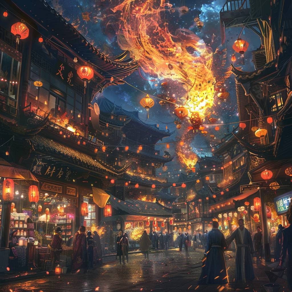 Close up shot of a living flame wisp darting through a bustling fantasy market at night.