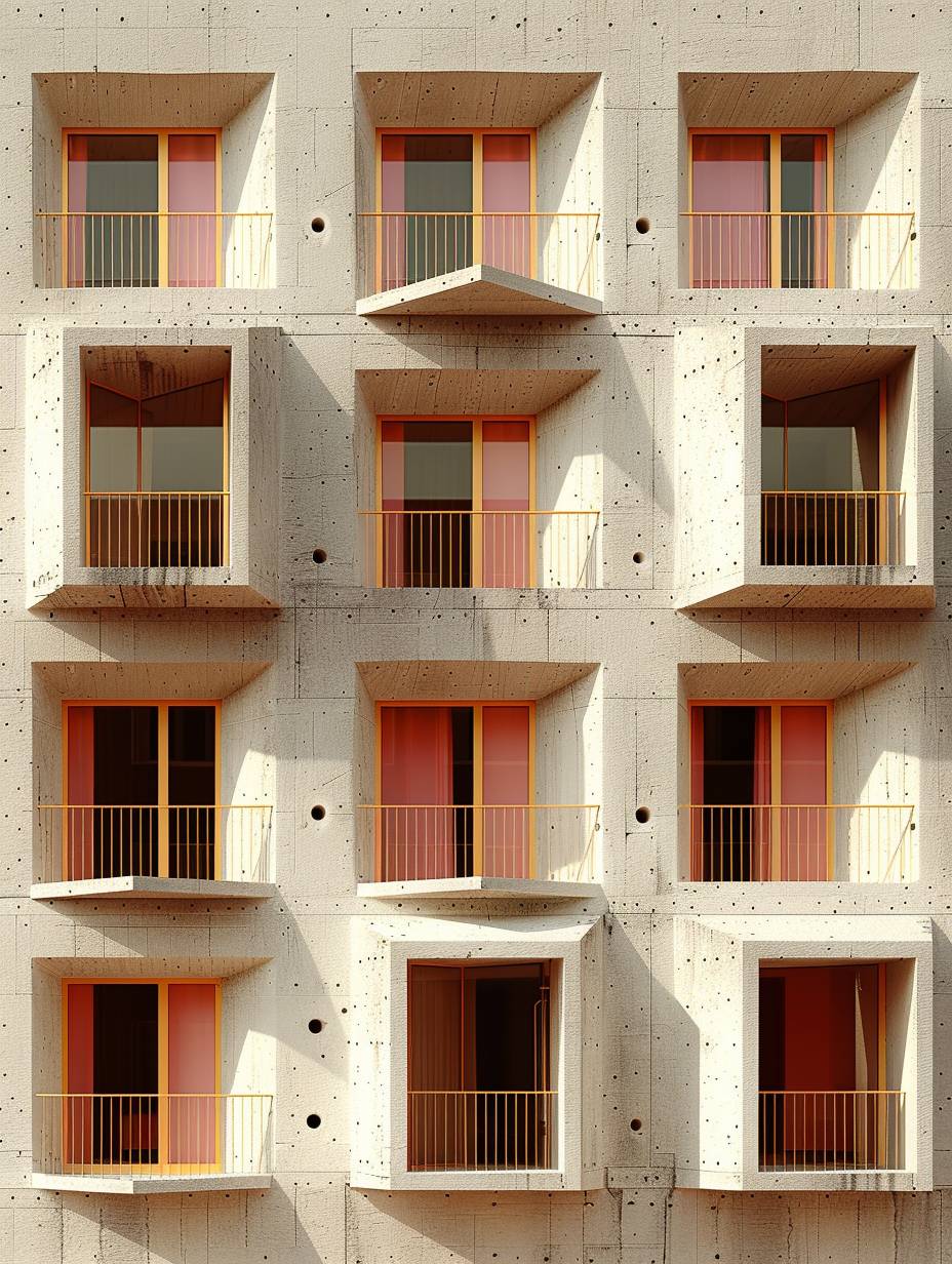 A brutalist-style apartment building designed by a renowned architect such as Le Corbusier or Paul Rudolph, featuring rows of identical triangular balconies protruding from the facade and facing the street. One side of each balcony is open to the outdoors, creating a striking geometric pattern . The building's imposing concrete structure exhibits the raw, monolithic forms, exposed materials, and bold geometric shapes characteristic of brutalist architecture. The balconies cast dramatic shadows onto the building's surface, adding depth and texture. The perspective shows the entire building in full view from the street level, allowing the viewer to appreciate the brutalist design's massive scale and imposing presence. Render in a photorealistic style with gritty textures, sharp lines, and strong contrasts of light and shadow.