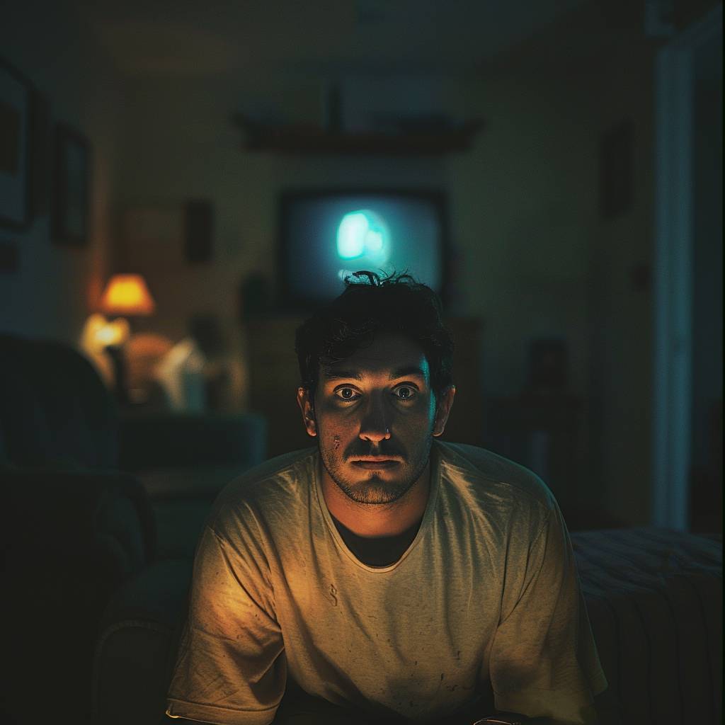 A cinematic wide portrait of a man with his face lit by the glow of a TV.