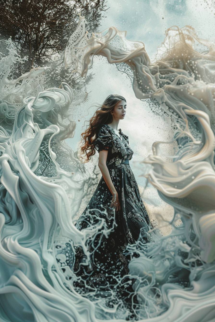 Young woman in an abstract, dream-like landscape featuring melting trees and a sense of fluid, otherworldly beauty --ar 2:3  --v 6.0