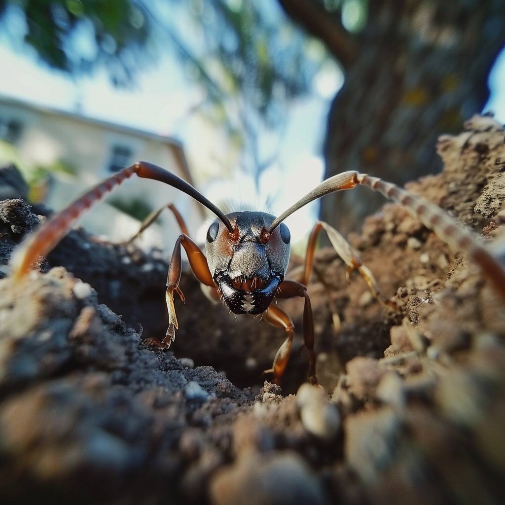 An extreme close-up shot of an ant emerging from its nest. The camera pulls back revealing a neighborhood beyond the hill.