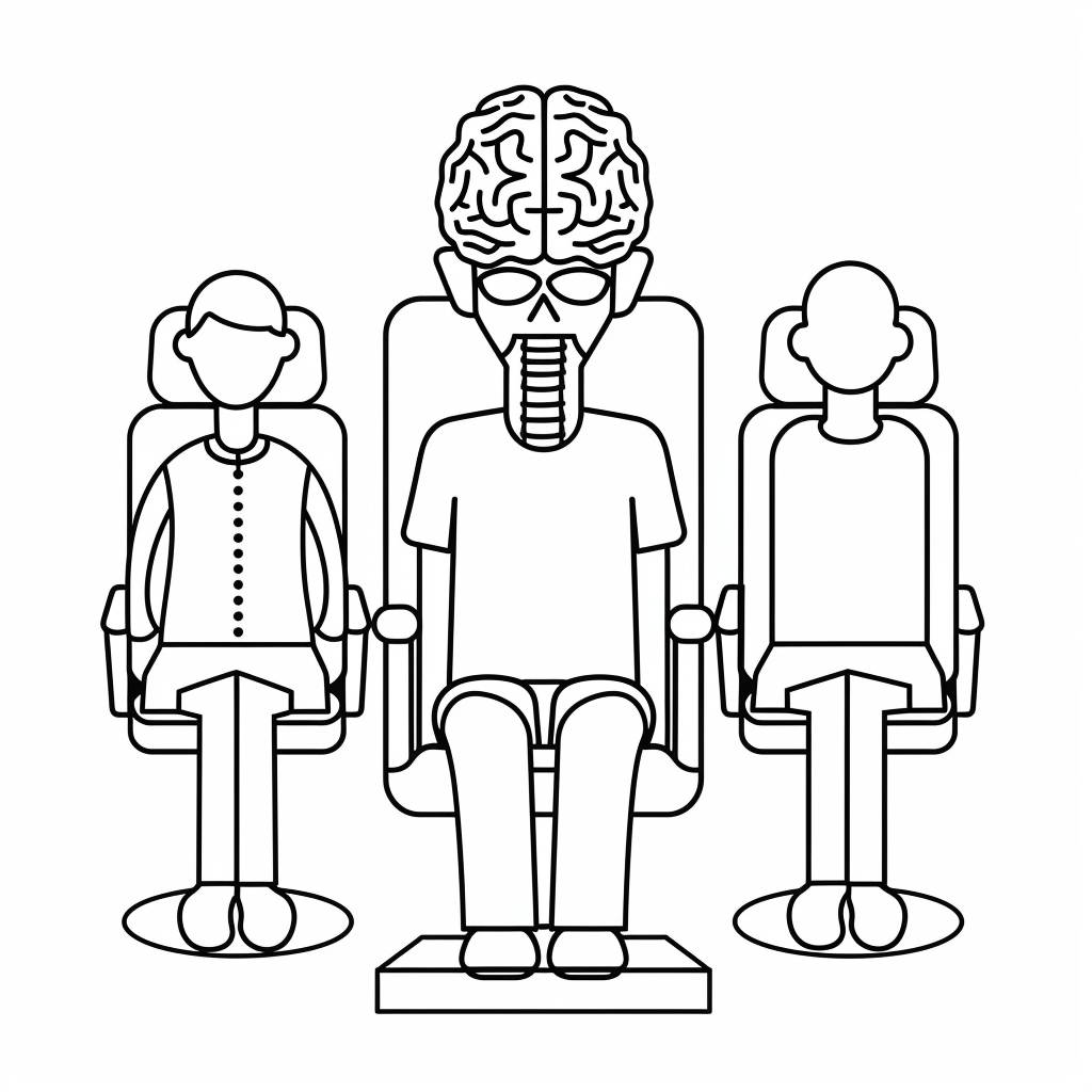 Line art drawing of a Psychiatry (adult/child/adolescent) thin lines, vector graphic, simple, elegant, form and outline only, no details, color, shading, texture, style raw, version 6.0