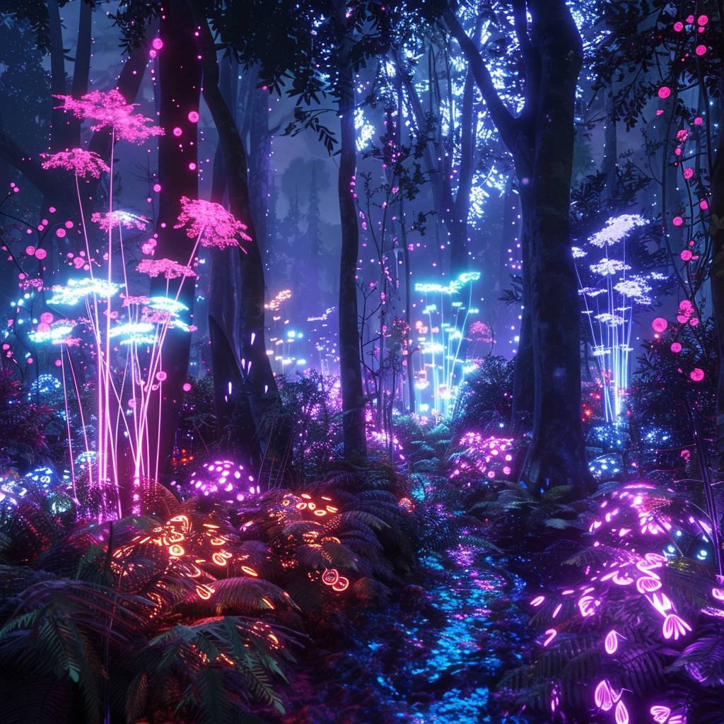 Zooming through a dark forest with neon light flora lighting up.