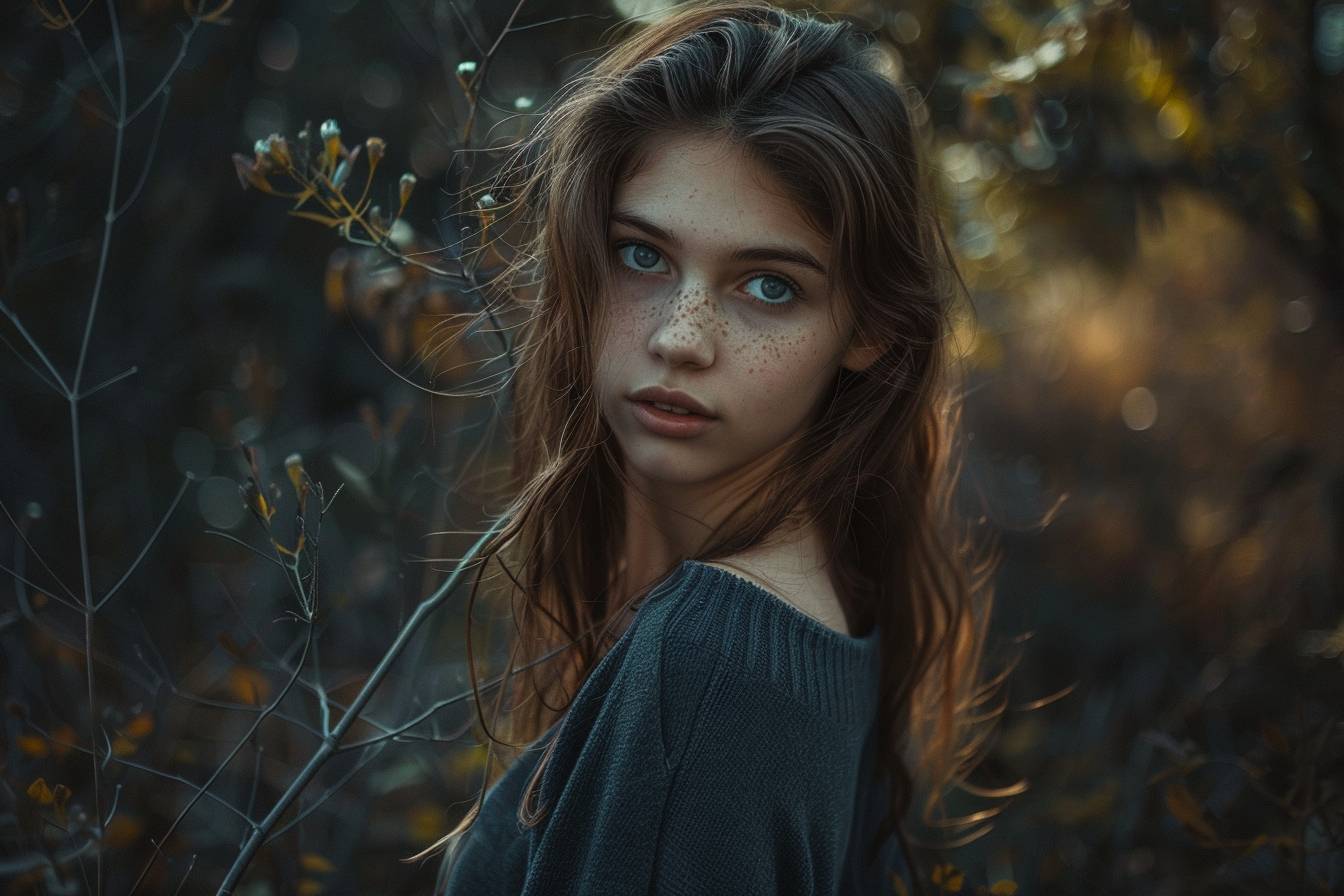A portrait of [subject/description], standing in [nature environment]. [lighting], [angle], muted blues, greys, soft shadows, serene atmosphere, photorealistic, resembling Alessio Albi's style