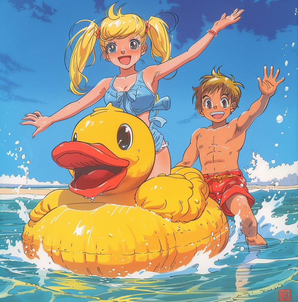 The background is the beach, and there is some water splashing around. A blonde girl with pigtails in blue sits on top of an oversized duck toy that has yellow feathers. The little man wearing red shorts waves his hands happily as he floats beside her. In the style of retro Japanese anime, colorful, 90s cartoon.