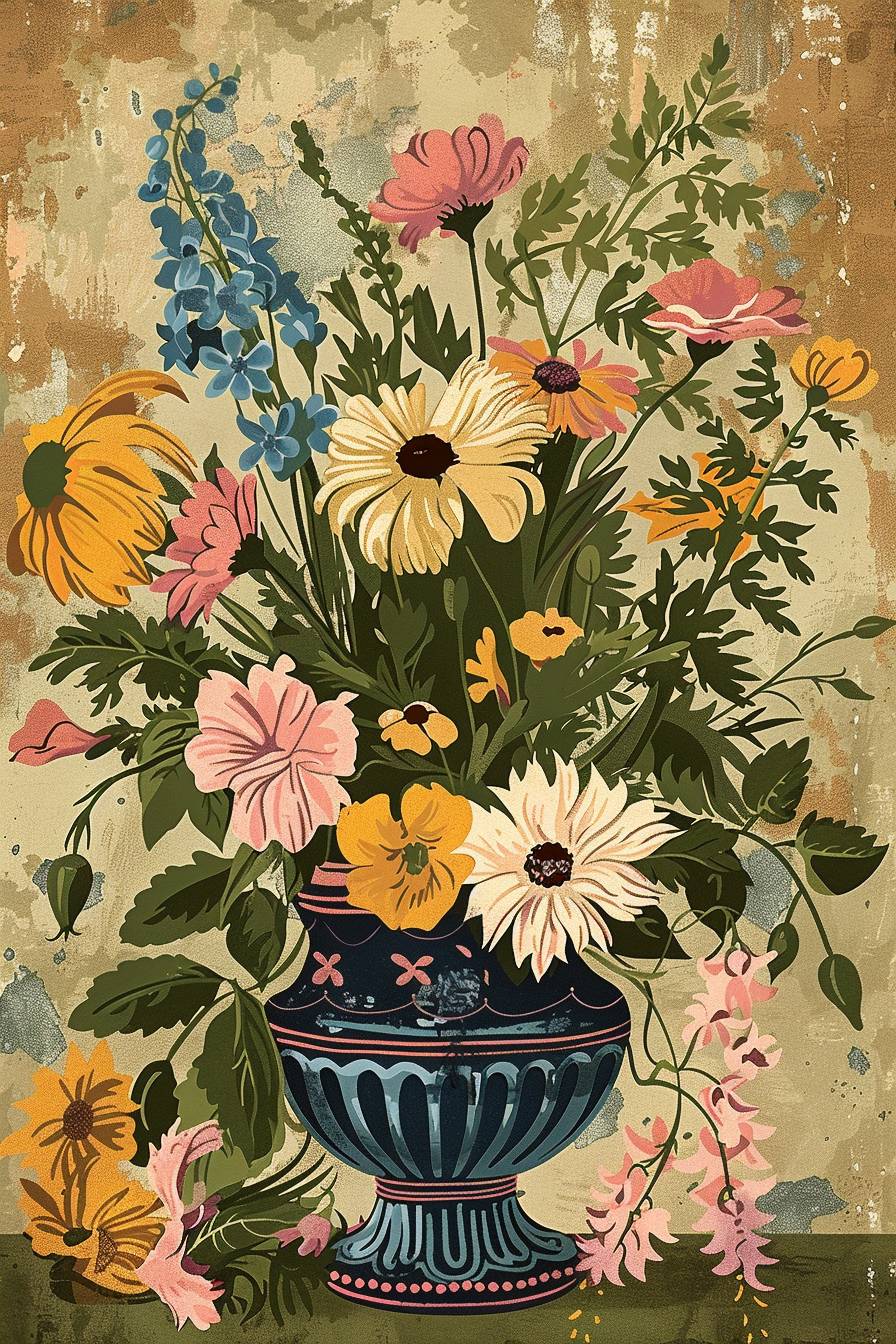 Pot with flowers, tarot card style, vintage illustration, summer, colorful