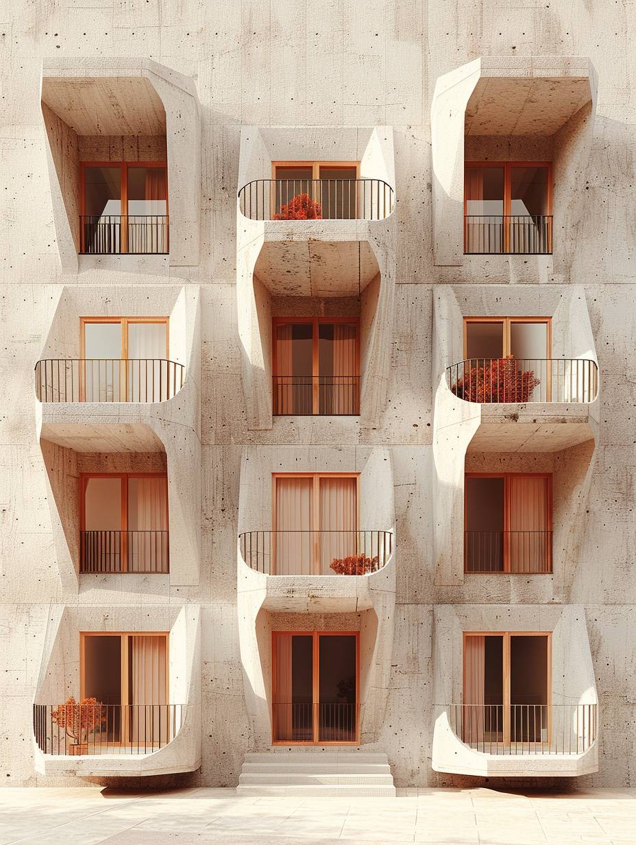 A brutalist-style apartment building designed by a renowned architect such as Le Corbusier or Paul Rudolph, featuring rows of identical triangular balconies protruding from the facade and facing the street. One side of each balcony is open to the outdoors, creating a striking geometric pattern . The building's imposing concrete structure exhibits the raw, monolithic forms, exposed materials, and bold geometric shapes characteristic of brutalist architecture. The balconies cast dramatic shadows onto the building's surface, adding depth and texture. The perspective shows the entire building in full view from the street level, allowing the viewer to appreciate the brutalist design's massive scale and imposing presence. Render in a photorealistic style with gritty textures, sharp lines, and strong contrasts of light and shadow.