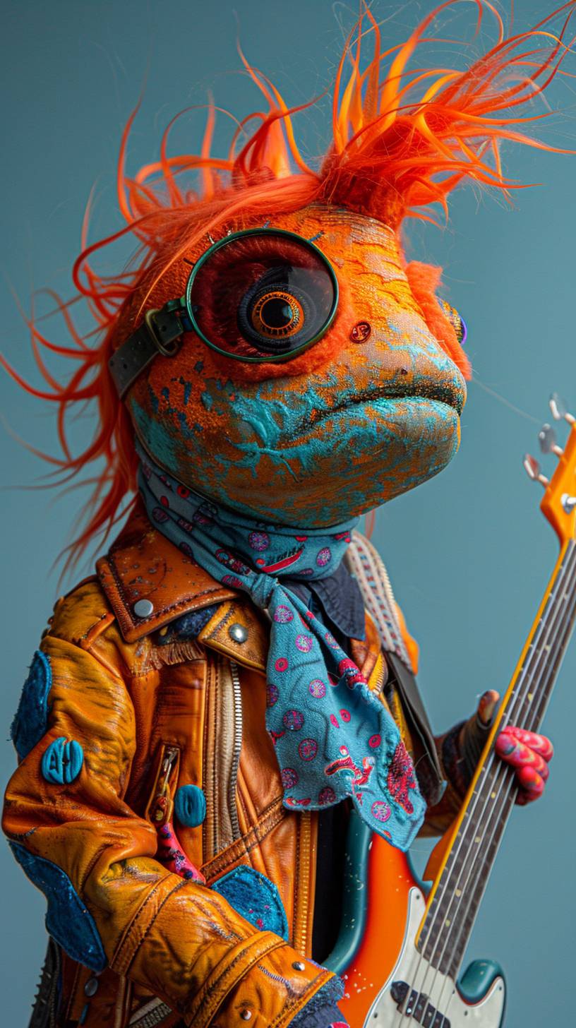 A wide shot of a fish with a punk hairstyle in orange color. The fish is made of fluffy fur in orange, blue, and brown colors, resembling a popstar. It is looking straight at the camera, wearing sunglasses, an orange leather jacket, and a neon blue neckerchief. Holding a Gibson guitar in its hands, with a pattern mixed collage design that's very delicate and graphic. The photo is taken in a photo studio with a blue background, like a fashion photoshoot.