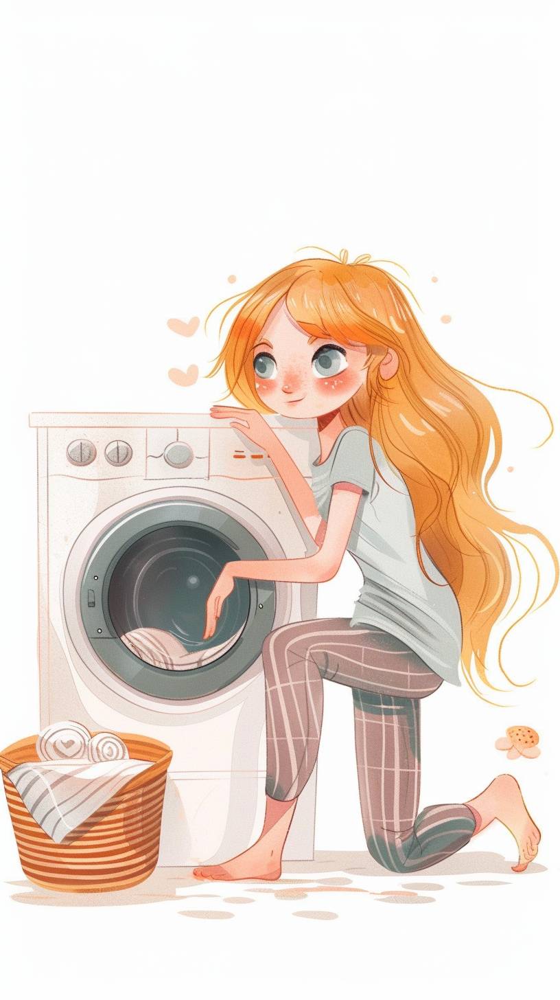女の子が洗濯をしています。彼女は金髪で青い目で、ストライプのズボンを穿いています。洗濯機の横にはカゴがあります。その足元には薄い灰色の背景が広がっています。イラストのスタイルは平面で、パステルカラーです。可愛らしくシンプルで、白いボーダーの、ライトでパステルなイラストスタイルです。