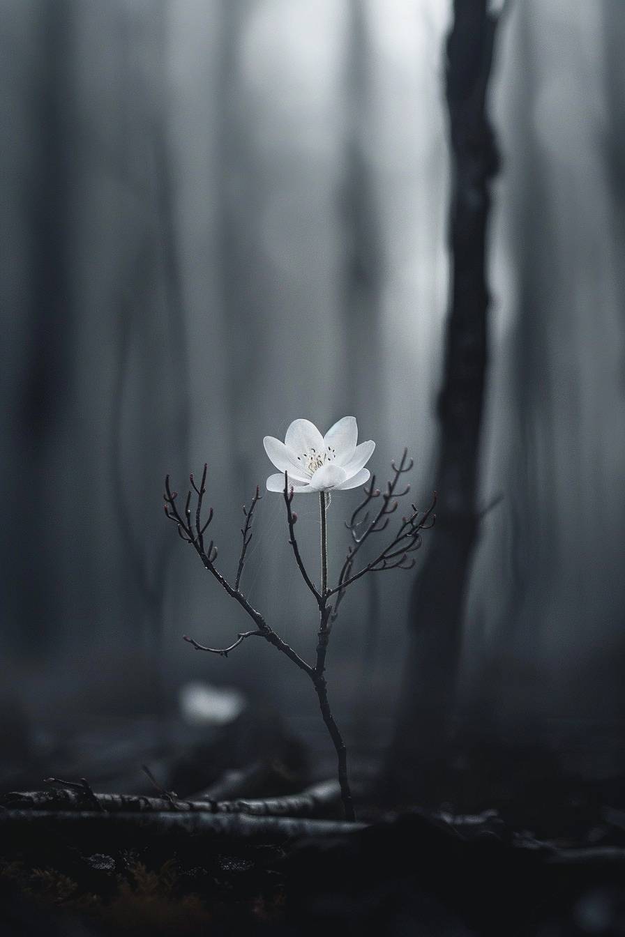 Nathan Wirthによるマクロ写真、美しい白いディテール、焦点の対象、暗い森の背景、美しい、ミニマリスト