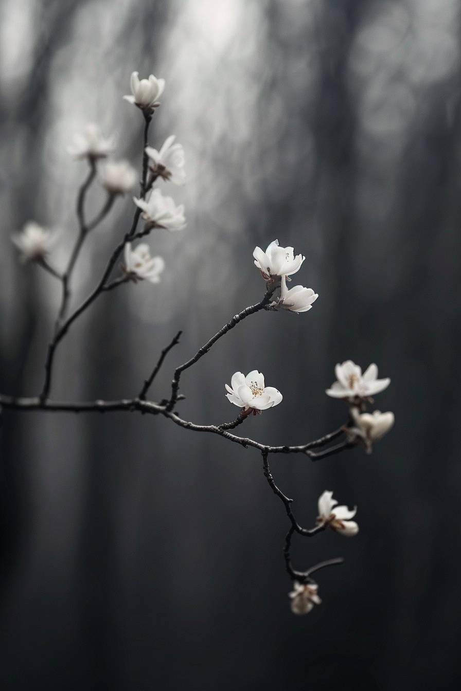 Macro photography by Nathan Wirth, aesthetic beautiful white details, object on focus, dark forest background, beautiful, minimalist