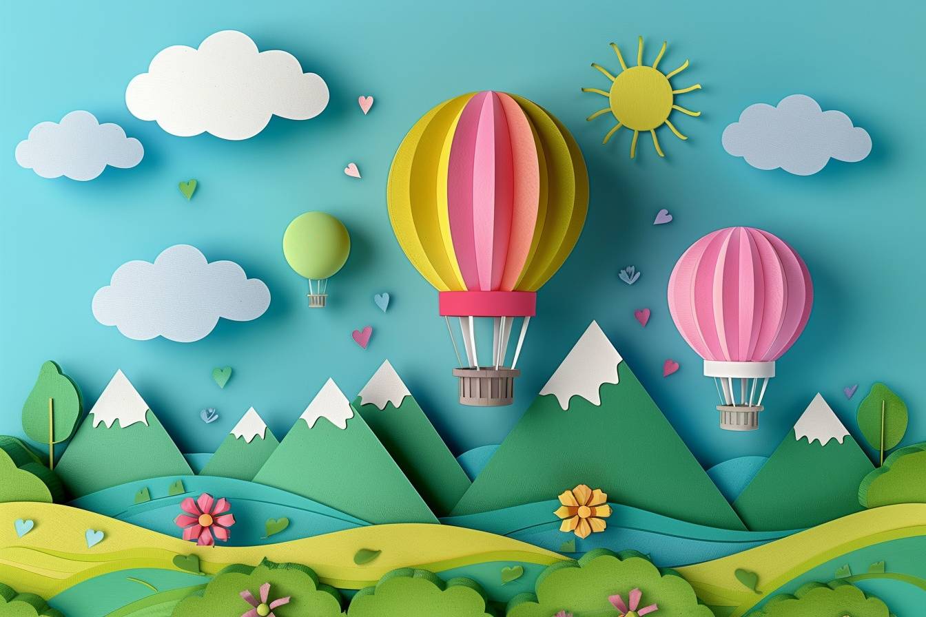 Paper art in the style of colorful hot air balloons flying in the sky with clouds, using a bright and cheerful color palette, with detailed paper texture for depth, and playful cartoon design elements like mountains, hills, waves, trees, flowers, and cute shapes and patterns on balloon gradients. Bright sunny light, sun rays, and a blue background with a clear sky. High resolution, high quality, and high detail.