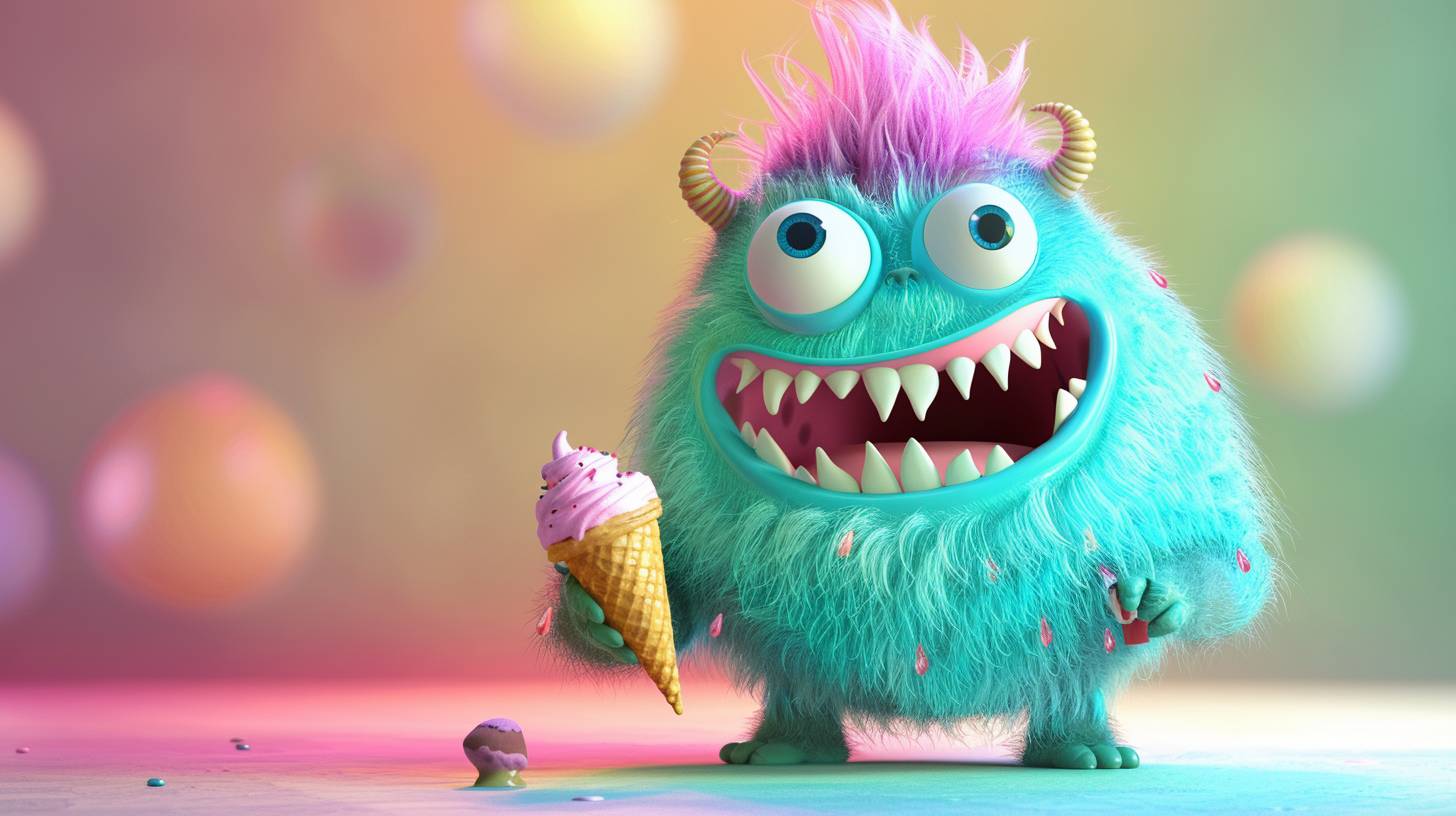 可愛らしくフワフワのモンスターがアイスクリームを食べる3Dアニメーション、鮮やかな色彩