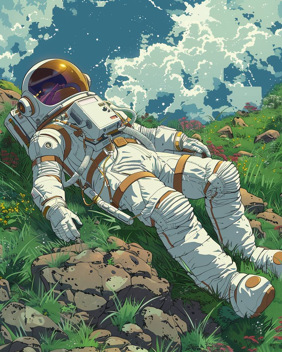 In Matt Bors' cartoons, minimalist, simple, clean, subdued, refined, colorful, vibrant, an astronaut lying in a field of green grass on a space station terrarium with space in the background is depicted. This artwork is done in a retro anime style, reminiscent of Moebius, in the art style of Studio Ghibli.