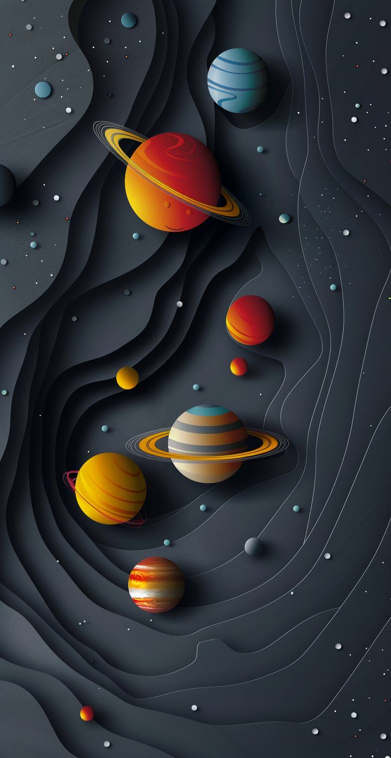 ペーパーカットスタイルで描かれた太陽系の惑星が配置された濃い灰色の背景。土星が中心に配置され、環が完全に見え、他の惑星は小さくてカラフルで、それぞれが異なるレベルに置かれて土星を取り囲むように配置されています。このデザインは、影のためにわずかに重なる黒い紙の層を使用し、深さを演出しています。ポスターまたは壁紙として使用でき、剪紙のスタイルで家の装飾に宇宙探査に関する楽しさと好奇心を加えます。