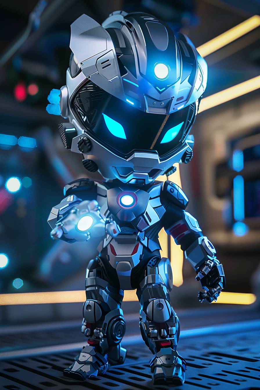 a robotic chibi [SUBJECT] in an action pose, in the style of vray tracing, hyper-realistic details, superheroes, spiky mounds, unreal engine, realistic human figures