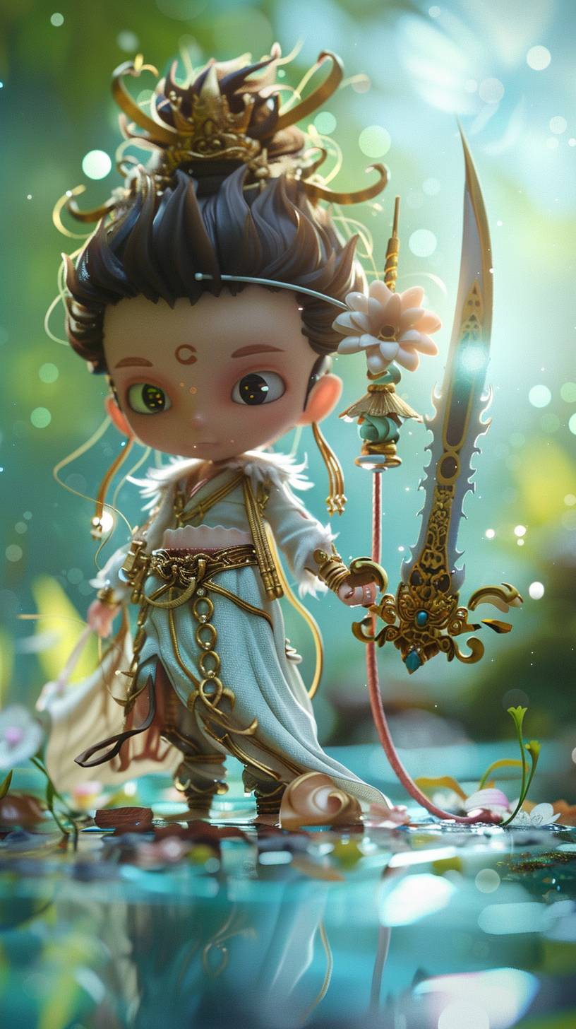 A mini cute Eastern mythological deity, little boy, with a flying sword on foot, blind box, cute and cute, halo background, romanticism, Impressionism, full body lens, high detail, 6k image quality, C4D model, high-definition and precision
