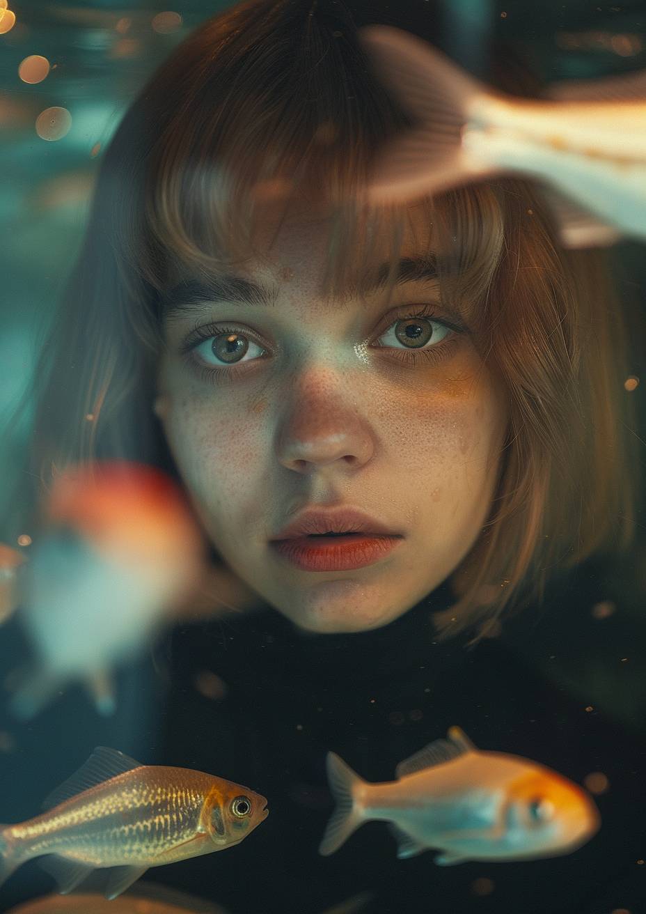 A young woman with a layered blonde bob haircut standing behind a fish tank, facing camera with harsh lighting on face, fish in front of her face, cinematography --ar 5:7 --v 6.0