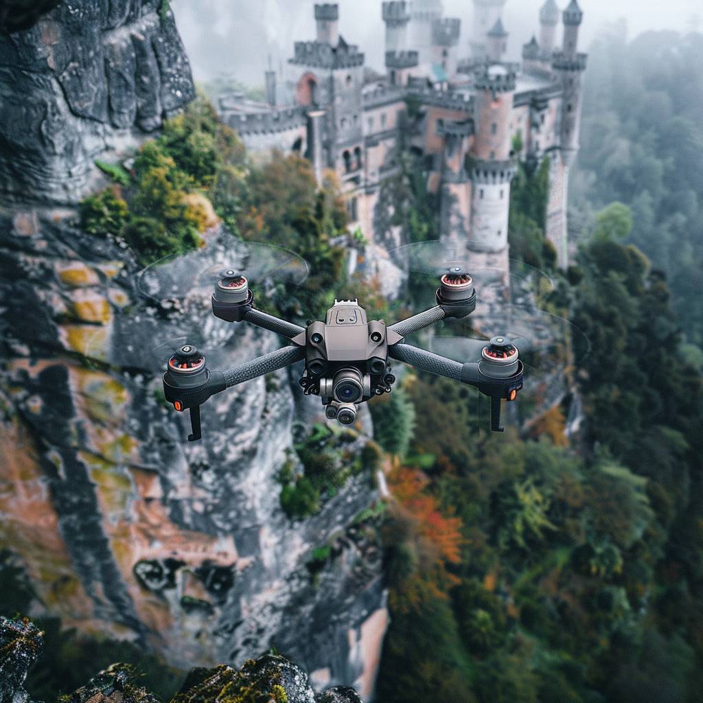 A FPV drone shot through a castle on a cliff.