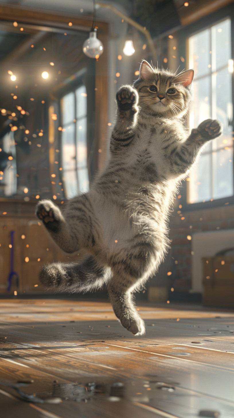 A realistic cat performing a breakdancing move in a dance studio. The cat is balancing on one paw with its legs extended in the air, resembling the pose of a breakdancer. The background shows a dance studio with wooden floors, mirrors, and soft indoor lighting. The cat’s fur is detailed and textured, and the lighting creates natural shadows to enhance realism, The lighting is natural with soft shadows, creating depth and realism, photorealistic, realistic photograph, photograph, f/1.8