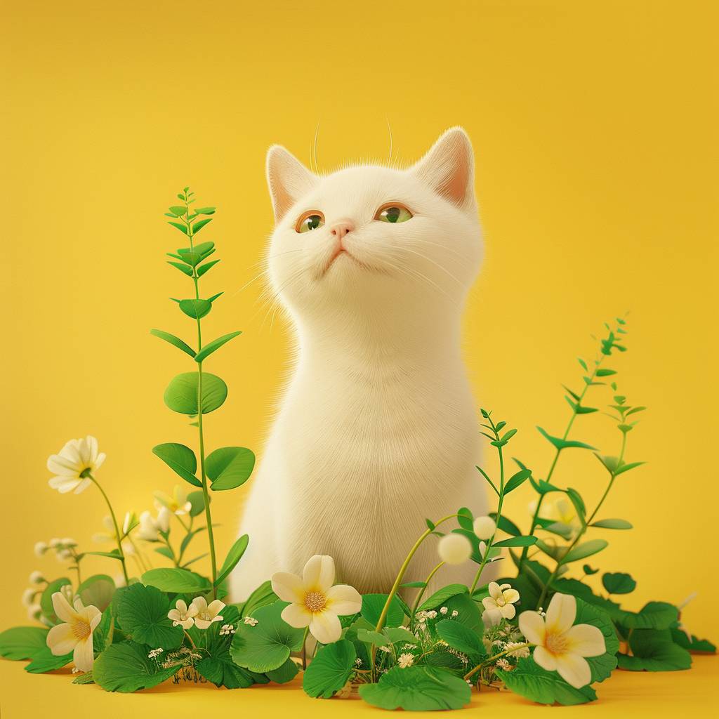 White cat with green flowers on yellow background