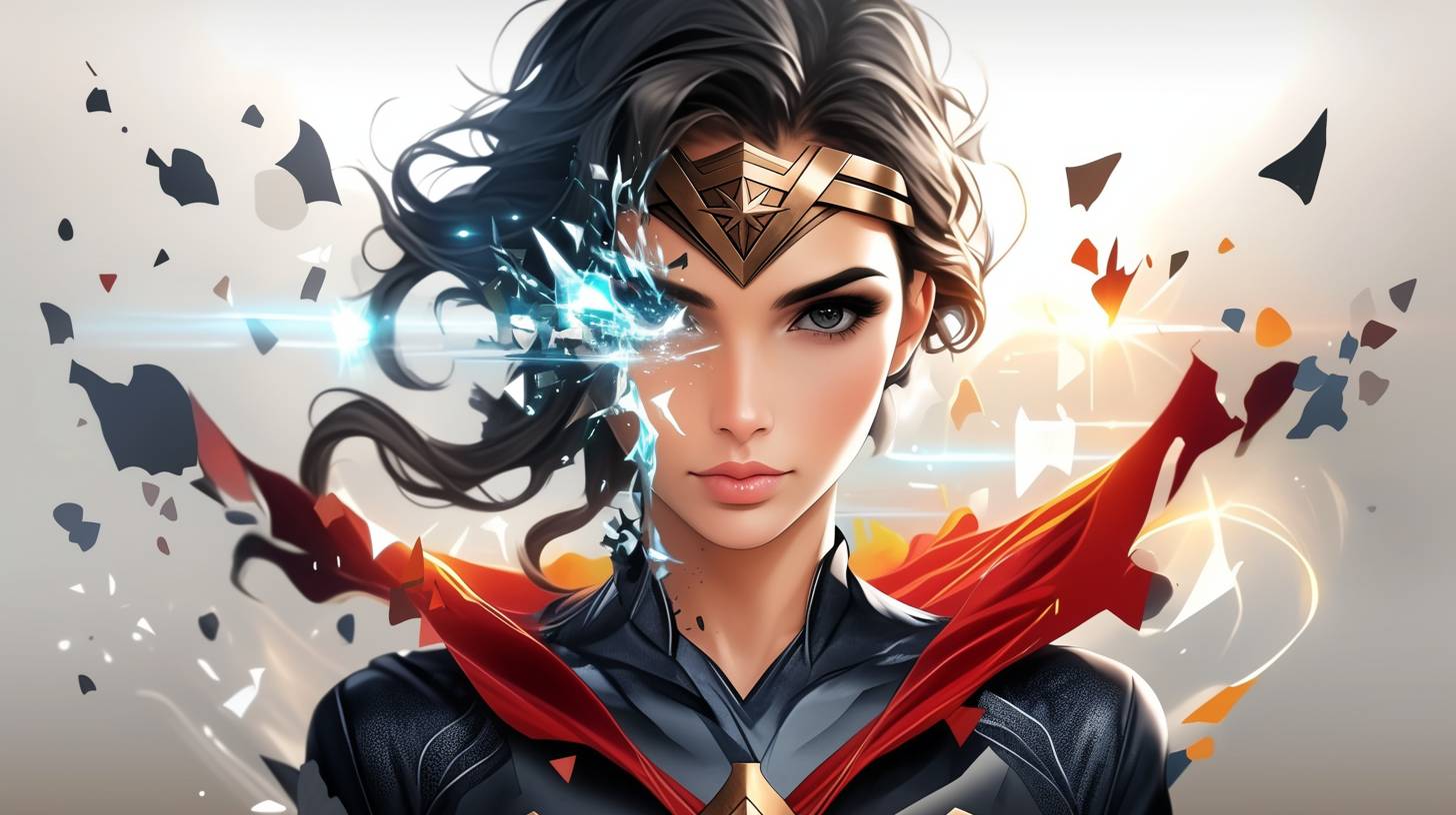 Wonder Woman, in the style of bold and graphic compositions, mosaic-like collages, pop culture mashup, multiple screens, light red and light bronze, Magali Villeneuve, macro zoom, outlandish energy, contemporary frescoes, chaotic academia, digital as manual