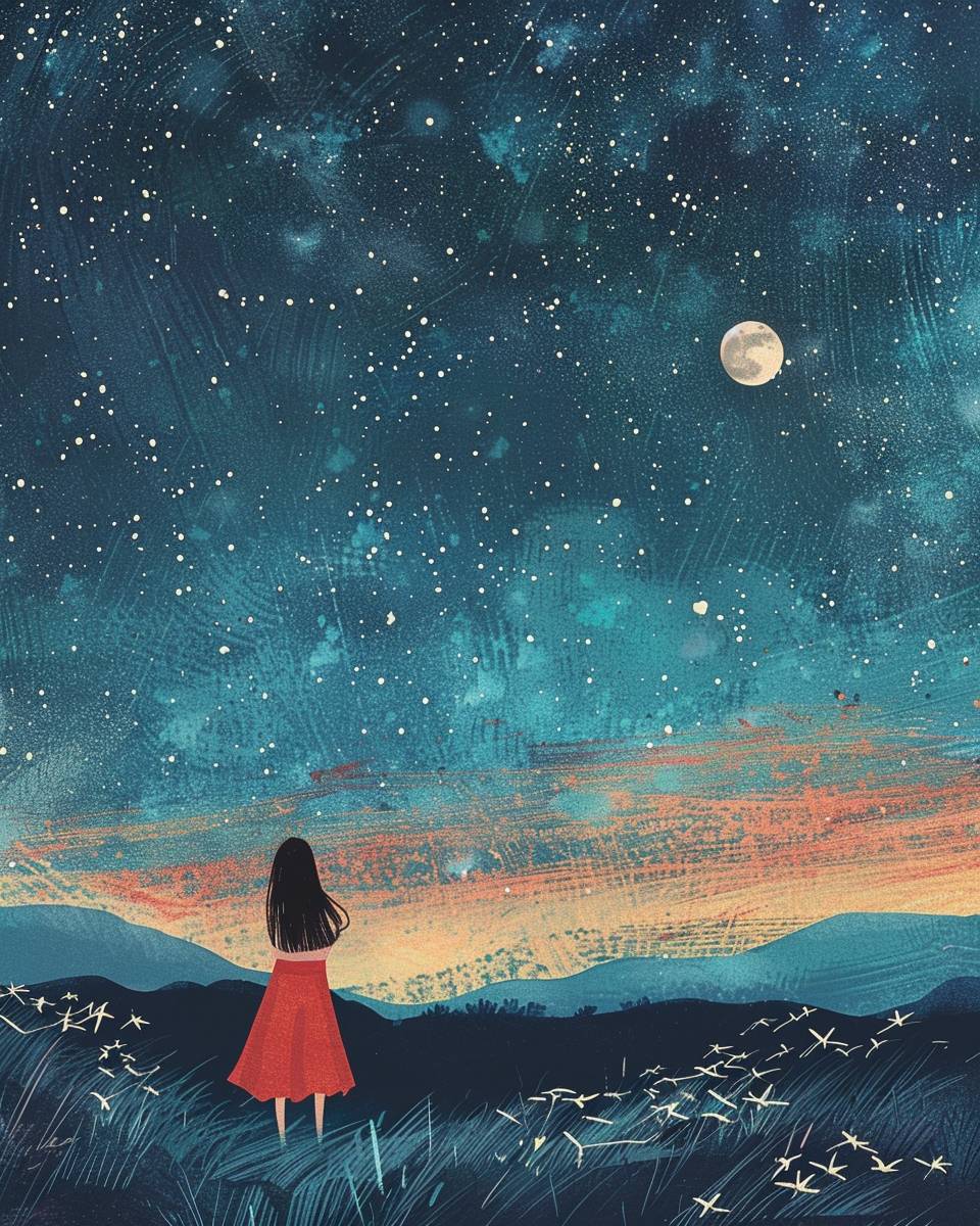 Lonely girl looking up at the starry sky, Japanese illustration style, low saturation