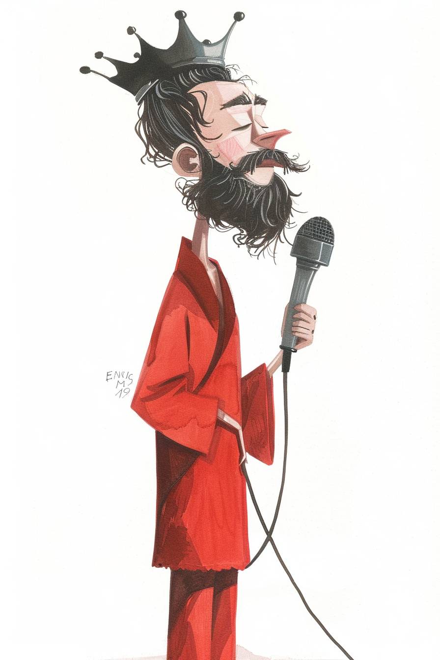 Illustration of a king with a crown on his head, with a stylish beard in a red bathrobe, holding a retro microphone, white background by Ann Telnaes