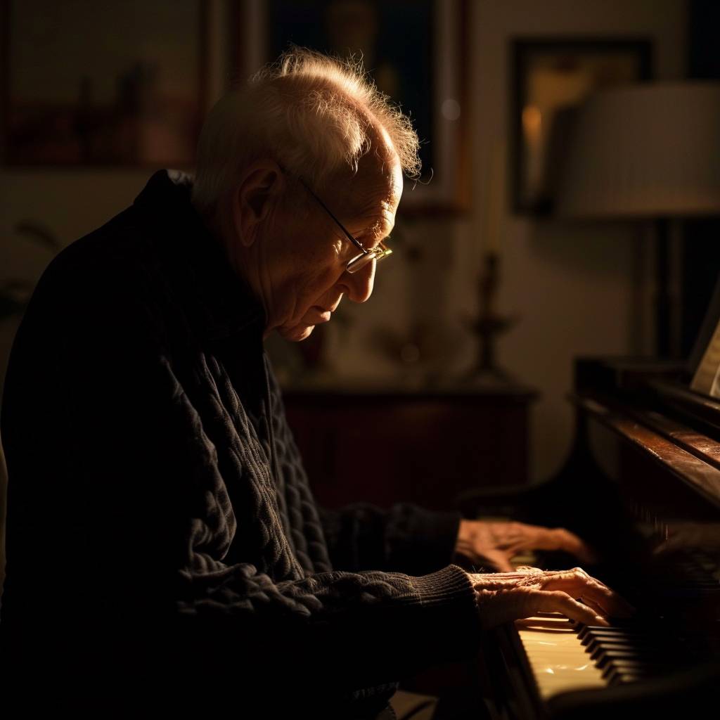 横から光が当たっているピアノを演奏している年配の男性。