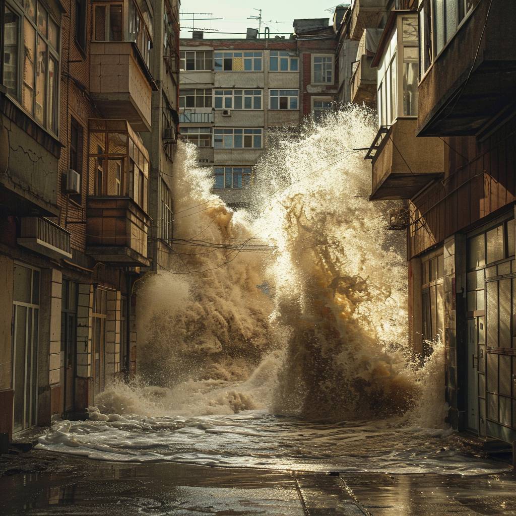 A tsunami coming through an alley in Bulgaria, dynamic movement.