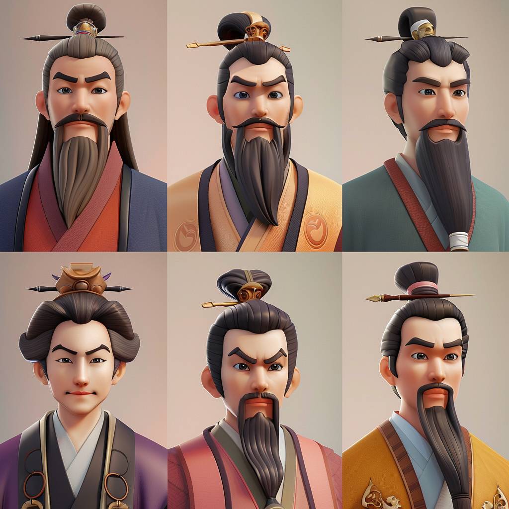 Create a series of 3D cartoon-style character portraits and half-body images inspired by ancient Chinese poets. Use a soft and vibrant color palette based on the provided theme colors: #F9E7EC, #FBC6A9, #F69A8D, #FAA54A, #72CCD4. The characters should embody a blend of historical elegance and modern animation aesthetics, suitable for an educational app on Chinese poetry. Each character should have distinct features that reflect their poetic style and era, with a friendly and approachable expression. The background is transparent, and it is required that the portrait of the character must not exceed the image. The image should fully display the task avatar, including hair and various accessories. All characters are male, with a maximum of four.