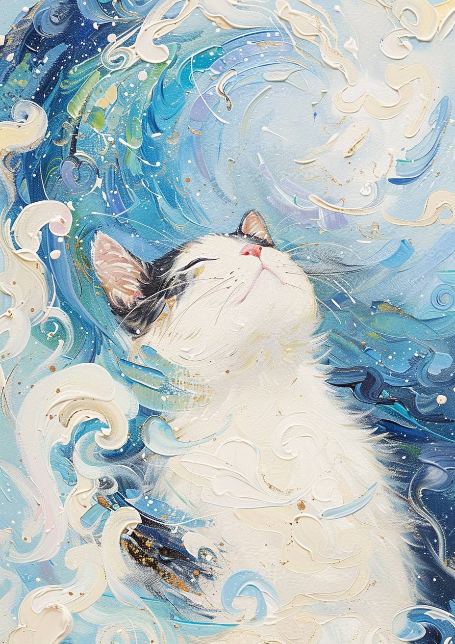 A lively cat depicted as a Dunhuang 'Feitian' (Flying Apsara) in ancient Buddhist art style, surrounded by colorful clouds and Galaxy of Stars, Soft lines. elegant and serene posture, expression of peace, eyes sparkling with wisdom. Oil painting, The color scheme of Monet's garden. Thickly painted oil painting, obvious oil brushstrokes. Full of creativity and aesthetic feeling. Minimalist. by Monet. UHD