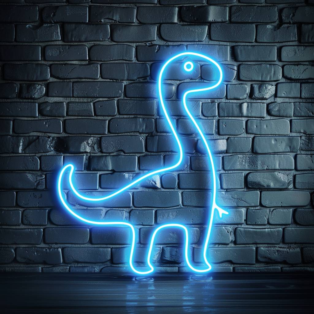 Neon light in the shape of a mini dinosaur outline, blue color light, curved neck, small rounded head, arched back, upward curved tail, and four short legs, grey brick background.