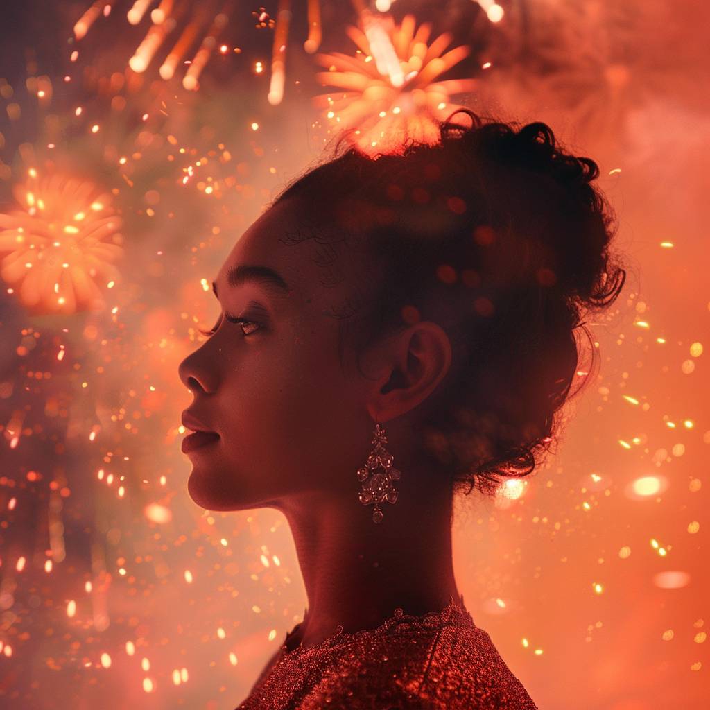 A side profile shot of a woman with fireworks exploding in the distance beyond her.