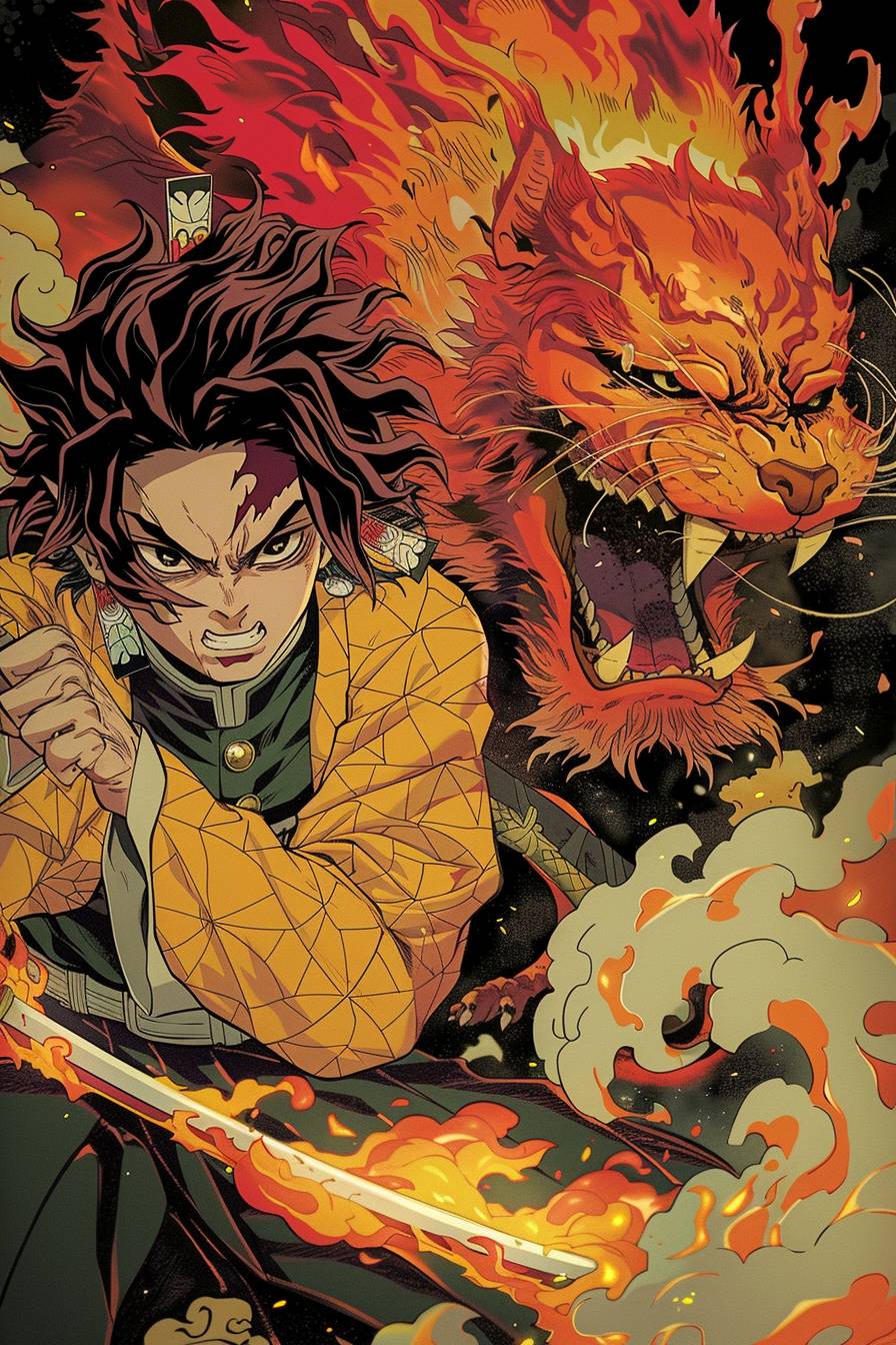 An extremely colorful and vibrant manga panel of the anime demon slayer, in which Zenitsu Agatsuma is fighting with his tiger spirit animal and holding a fire sword against an oncoming red monster demon. In the background, there is also Giyu Tomioka sitting next to him. The colors are bright and saturated, creating an intense atmosphere. It captures the style in the style of Katsuhiro Otomo.