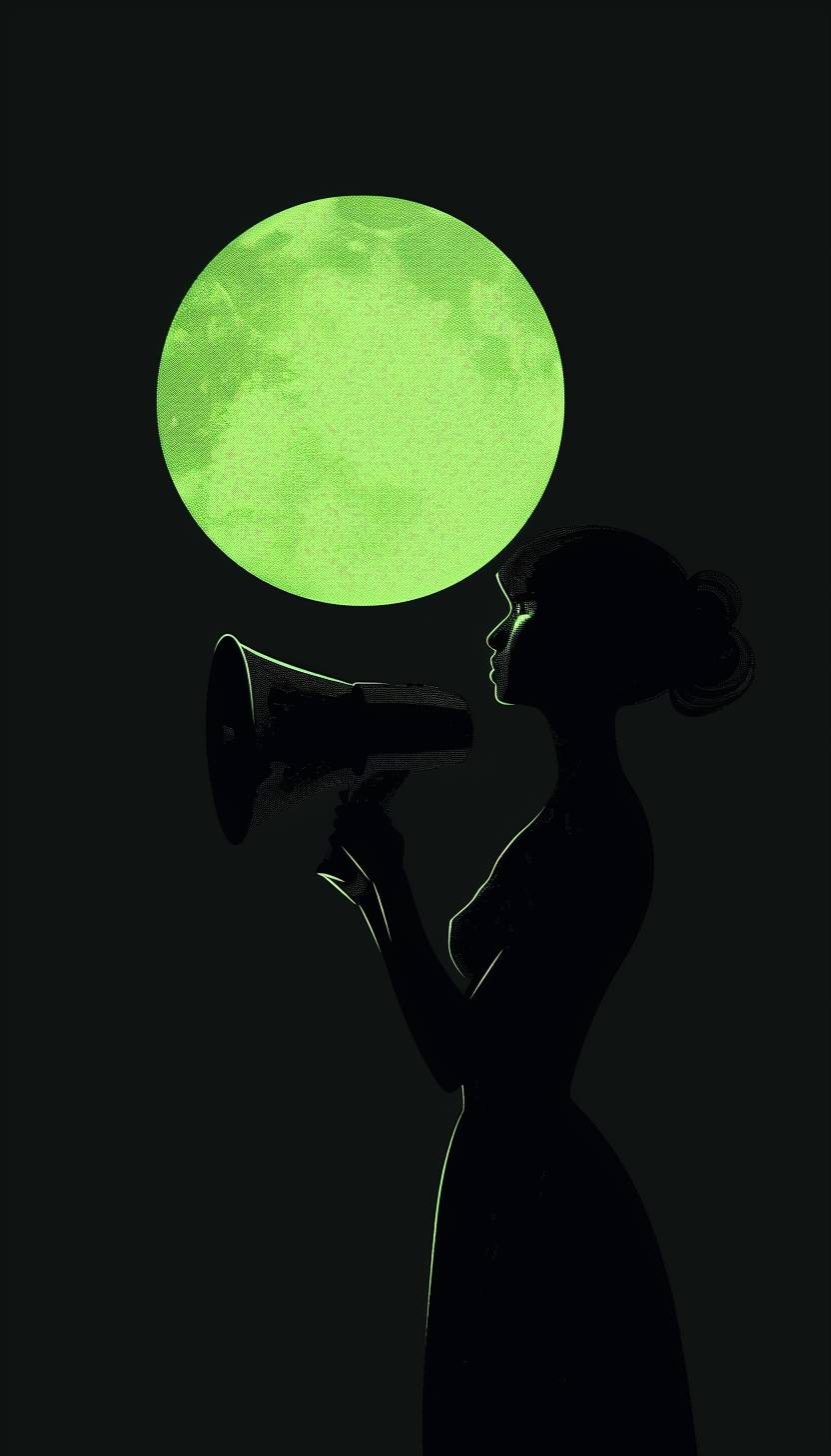 A minimalist black silhouette of a woman against a pure black background, in a side-view pose, holding a megaphone to her mouth. There are no facial features, only small clothing details are visible, creating a solid black shape. A large, glowing green circle floats behind the silhouette, providing the only contrast and light in the image. The composition is stark and dramatic, with clean lines and a strong graphic quality.