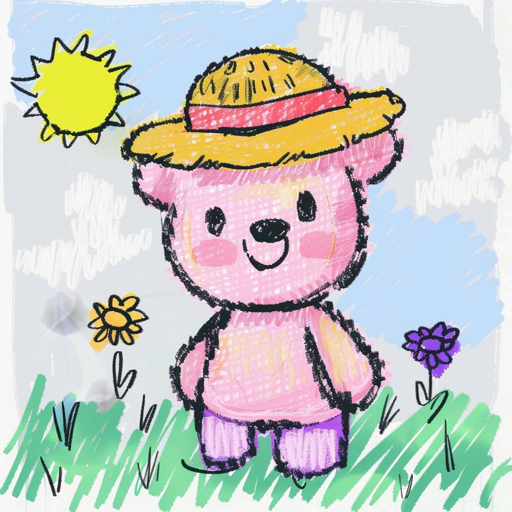 可愛いテディベアをフィーチャーしたイラストを作成し、白い背景に、タイポグラフィ、熊の背中にはバッグと日除け帽を描いてください。