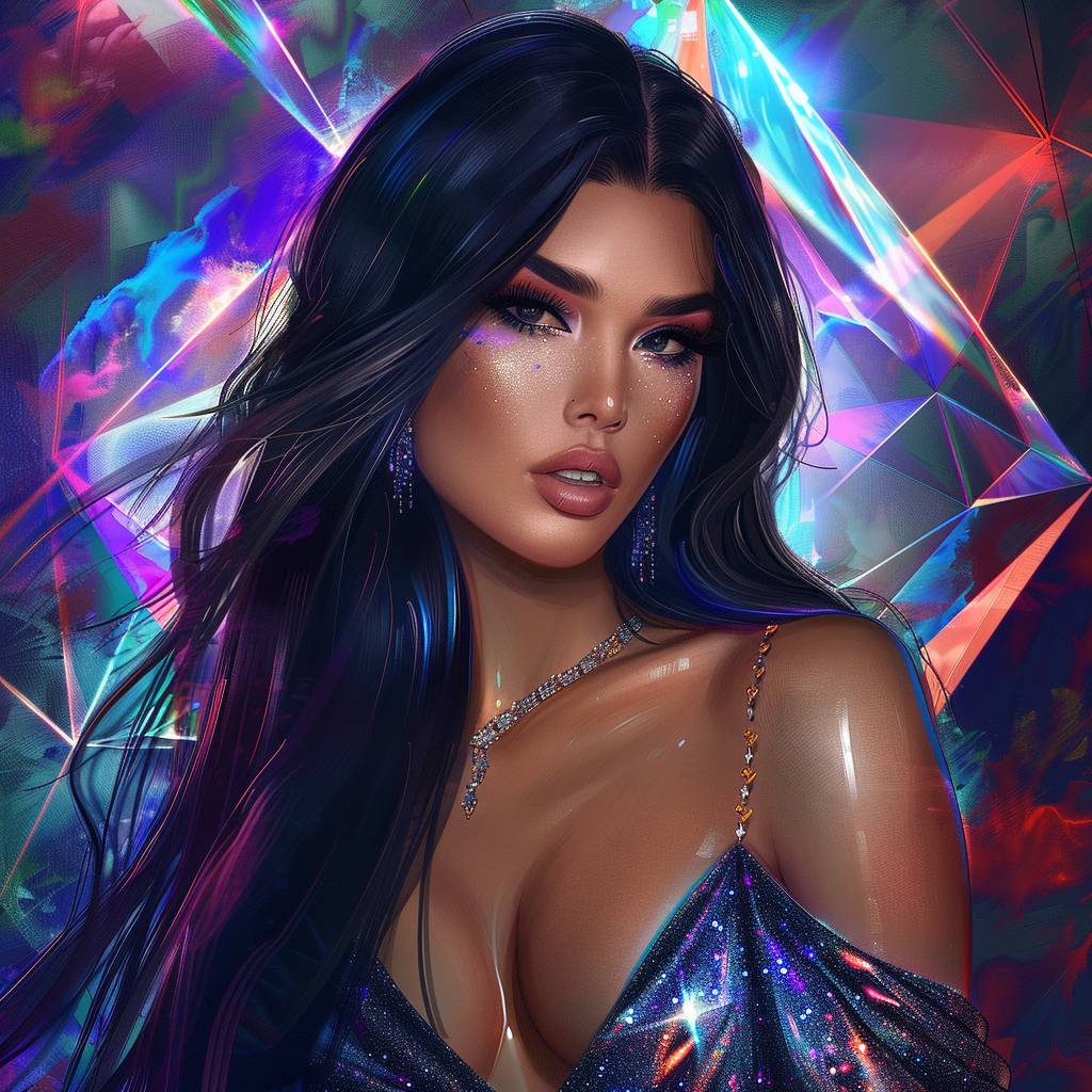 A glamorous fictional Kardashian character, depicted in a vibrant and surreal art style. She has long, flowing, jet-black hair styled in loose waves. Her makeup is bold, with dramatic eyeliner, shimmering eyeshadow, and glossy lips. She's dressed in an extravagant, form-fitting gown made of shimmering, iridescent fabric that changes colors with movement. Her accessories include oversized diamond earrings and a statement necklace. The background is a luxurious setting with a modern, stylish twist, featuring abstract geometric shapes and rich, vivid colors. The overall ambiance exudes opulence and high fashion with a surreal, artistic touch.