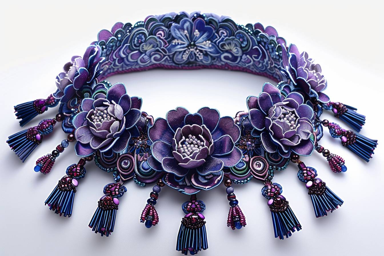 Chinese style embroidered collar with tassels, symmetrical composition, blue and purple tone, white background, no avatar