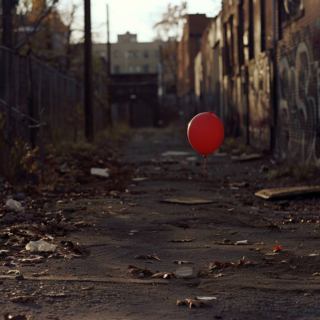 Handheld tracking shot, following a red balloon floating above the ground in an abandoned street.