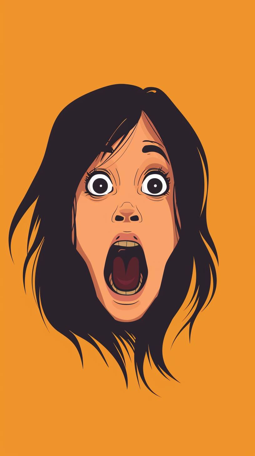 Vector design, flat art, Italian Giallo style, jumpscare scene, girl with black hair screaming at the screen, creepy haunting face,